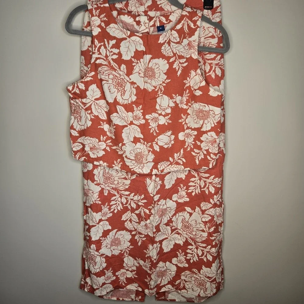 Old Navy Linen Blend Column Small Medium Orange Floral Tank Maxi Skirt Slit Set - Picture 2 of 15